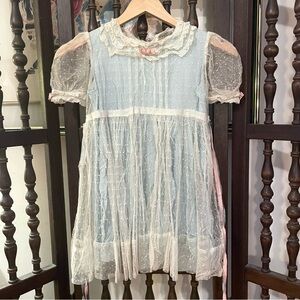 Antique 1920s Baby Blue Swiss Dot Netted Ribbon Party Formal Girl’s Dress Size 7